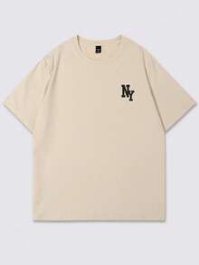 Manfinity Homme Camiseta de manga corta informal con impresión de letras para hombre, de verano - Caqui - Ver 3