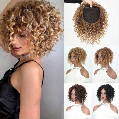 Syntetiska Korta Afro Kinky Lockiga Hår Toppers Hårbitar Peruker Med Tunnande Hår Topper Ökar Hårvolymen Svart Brun Lockigt Hår Toppers