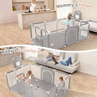 Parque infantil HDJ extragrande de 180 cm con aro de baloncesto y red transpirable, para interior y exterior (negro, rectangular, con estructura de baloncesto)