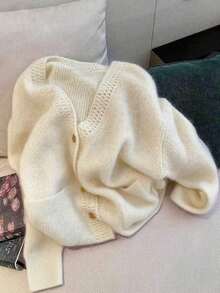 Casual Mohair Solid Color Knit Front Button Hollow Long Sleeve Sweater, Suitable For Everyday And Dates In Spring/Autumn - Apricot - View 4