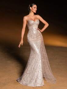 Faeriesty Haute Glamour Luxurious Sparkly Beaded Mermaid Gown With Strapless Silhouette & Dramatic Floor-Length Train For Bridal For Women