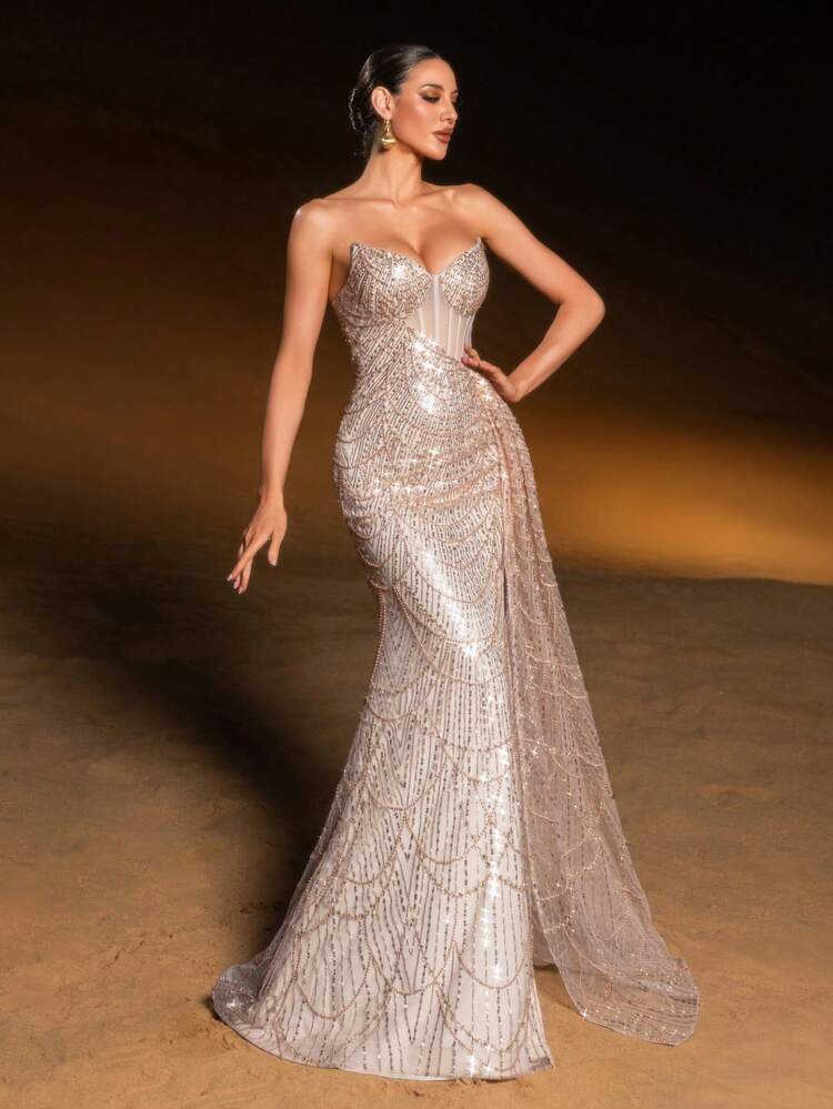Faeriesty Shimmering Luxury Glitter Pearl Decor Mermaid Design Strapless Elegant Long Maxi Dress For Women, Suitable For Wedding, Party
