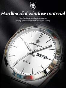 POEDAGAR 1pc Fashionable Waterproof Luminous Stainless Steel Men's Watch With Date & Day Display, Casual Quartz Wristwatch For Men, Men's Watch + Gift Box