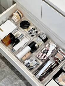 4 pezzi/2 pezzi/1 pezzo Scatola organizzatrice per il trucco da scrivania, scatola portaoggetti in materiale PET trasparente spesso, design a righe verticali elegante, minimalista e alla moda, impilabile per pennelli trucco, prodotti per la cura della pelle, rossetti, profumi, multifunzionale per cancelleria, accessori, gioielli