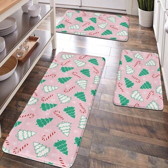 1件装圣诞树图案柔软毛绒浴室垫，粉色底，白色和绿色点缀，圣诞新年装饰主题，“圣诞快乐”字样，舒适透气，放松双脚，缓解疲劳，适用于家居、浴室、厨房装饰。