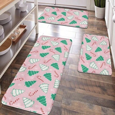1件装圣诞树图案柔软毛绒浴室垫，粉色底，白色和绿色点缀，圣诞新年装饰主题，“圣诞快乐”字样，舒适透气，放松双脚，缓解疲劳，适用于家居、浴室、厨房装饰。