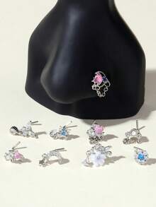 9 件装鼻环耳钉 L 骨质螺丝形鼻环花朵 CZ 雪花蝴蝶螺丝鼻钉身体穿孔饰品男女通用 20G 银金玫瑰金色调 - 銀色 - 查看 2
