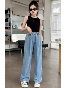Girls Baggy Wide Leg Jeans Elastic Waist Casual Washed Pants Age-14 - Chân rộng 1 - Xem 5