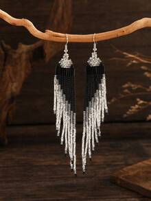 SOUL BEADING Bohemian Beaded Earrings, Vintage Style With Gold And Black Color, Asymmetrical Geometric Tassel Pendant, Elegant And Fashionable Accessory Suitable For Women's Daily Wear And Gift - Hand-beaded Tassel Earrings - View 5