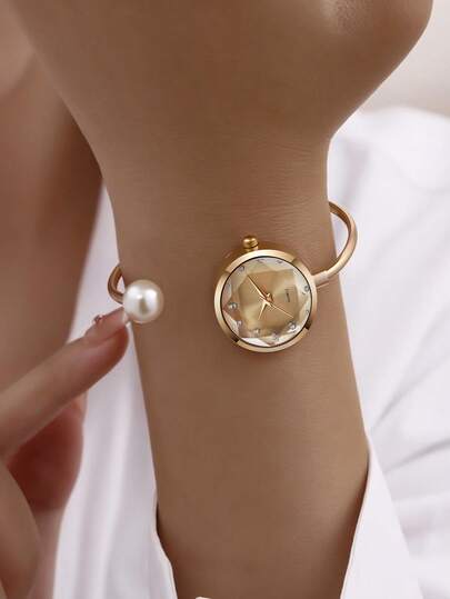 1 pezzo Orologio bracciale da donna delicato con 1 grande perla, quadrante in cristallo tagliato a diamante, orologio al quarzo minimalista