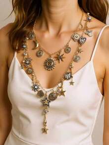 1pc Vintage Chic Luxury Retro Gold-Color Alloy Sun, Moon & Star Layered Chain Necklace For Women - Sun and Star Pendant Necklace - View 7