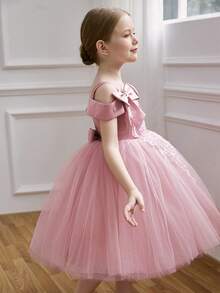 Young Girl Pink Lace Floral Beaded Bow Tulle Party Dress, Elegant Princess Gown Suitable For Girl's Birthday Party, Prom, Wedding Flower Girl - Pink - View 2