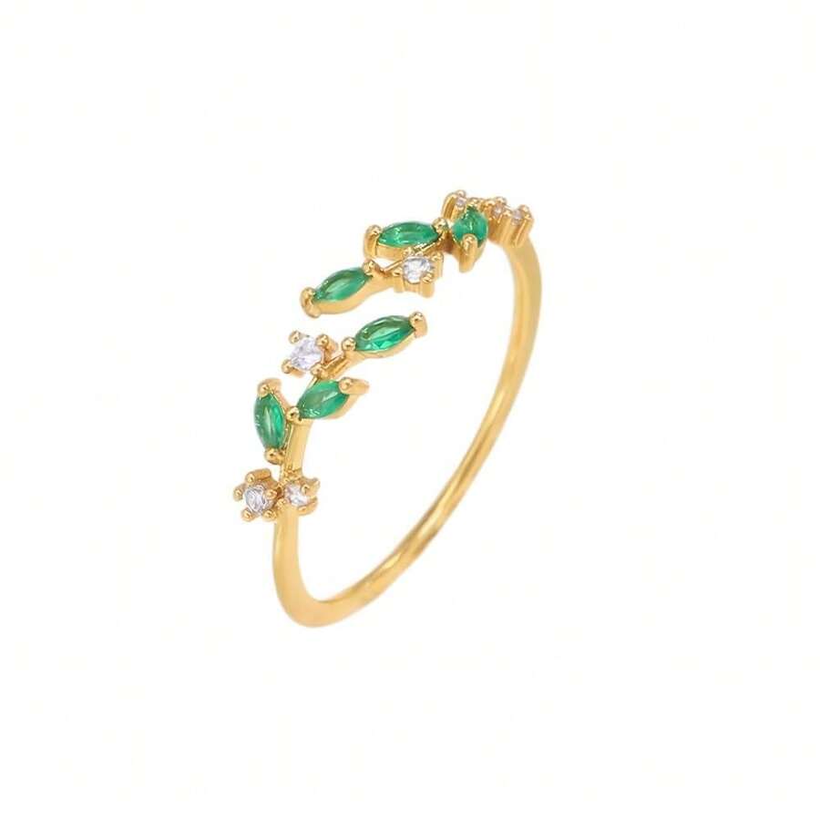 Open Leaf Ring For Women, Branch Leaves Band Stacking Finger Ring, 14K Gold Cubic Plated Open Ring - 綠色 - 查看 1