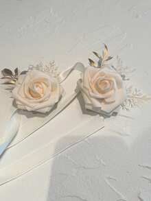 2 件装白玫瑰花配金叶奢华胸花和腕花套装适用于婚礼、正式活动、派对装饰情人节 - 白色 - 查看 5