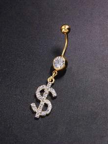 1pc Gold Dollar Sign Navel Piercing Jewelry, Fashionable Sparkling Sexy Body Jewelry For Women, Ideal For Summer Party Wear - Yellow Gold - View 2