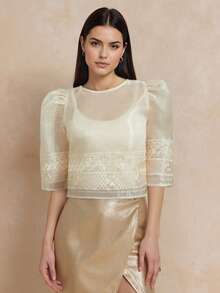 现代菲律宾风格女士时尚舒适刺绣泡泡袖上衣，适合开斋节穿着 - 香檳色 - 查看 5