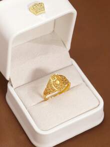 1pc Handcrafted Oval Sun Pattern Adjustable Ring, 24K Gold Plated, Suitable For Women, No Packaging - Oval Series - View 8