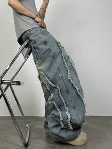 1条正义兄弟刺绣休闲宽松阔腿牛仔裤，美式街头风格 - 藍色 - 查看 1