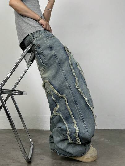 1条正义兄弟刺绣休闲宽松阔腿牛仔裤，美式街头风格