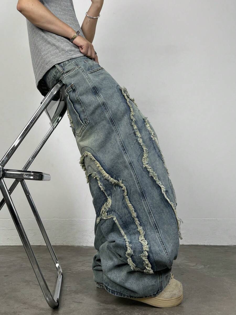 1条正义兄弟刺绣休闲宽松阔腿牛仔裤，美式街头风格 - 藍色 - 查看 1