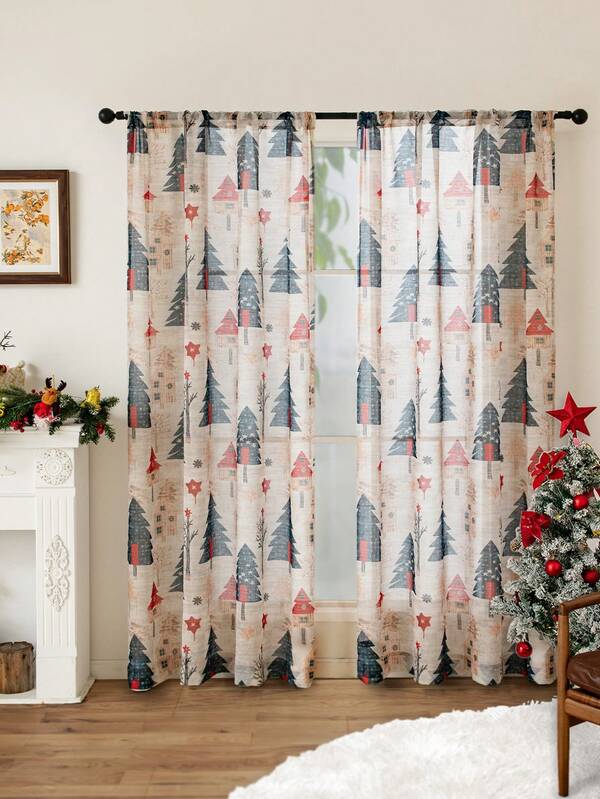1pc Lightweight & Minimalist Fashion Christmas Red Snowflake Printed Curtain, Suitable For Living Room, Bedroom Home Decor, For All Seasons