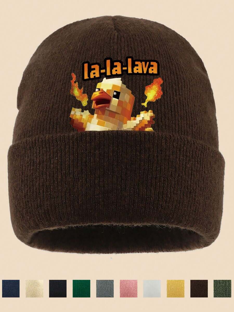 1pc "La-La-Lave Ch-Ch-Icken" Pixel Turkey Print Knit Beanie Hat, Multi-Color Options, Suitable For Outdoor Sports, Casual, Fishing, Parties, A Comfortable Commuting Warm Hat, Suitable For Cycling And Outdoor Activities In Cold Black Weather, Sports Accessory - A - View 1