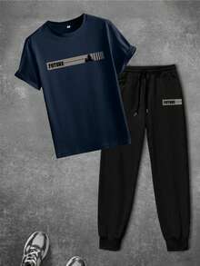 男士创意希望之树图案宽松短袖 T 恤和抽绳裤套装，适合街头服饰、户外服饰和休闲服饰 - 藏蓝色 - 查看 2