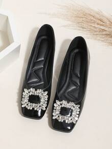 New Glossy High-End Flat Soft-Sole Rhinestone Square Buckle Square Toe Wide Plus Size Slip-On Casual Women Shoes, Plus Size Commuting Shoes - Black - View 5