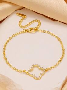 优雅闪亮时尚四叶草锆石不锈钢锆石四叶草手链套装，适合日常佩戴和作为礼物送给朋友 - 金黃色 - 查看 14