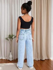 Girls Baggy Wide Leg Ripped Denim Jeans High Waist - Ripped Light Blue-900 - View 4