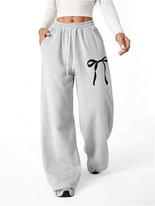 's Bowknot Baggy Sweatpants Lightweight Straight Leg Athletic Pants With Pockets