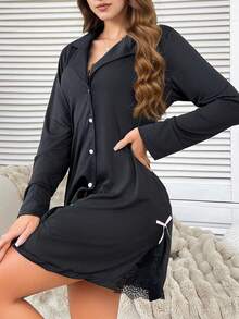 Chic Lounge Button Up Black Long Sleeve Bow Decor Dress, Winter - Black - View 1