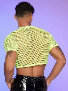 Men's Fishnet Mesh Tee Shirt Round Neck Short Sleeve Crop Top - 青檸色 - 查看 5