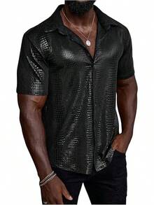 Men's 70s Disco Top Pattern Button Down Short Sleeve Shirt Rave Party PU Leather-Shirt - Black - View 1