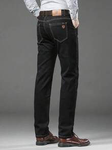 Men's Stretch Slim Straight Leg Business Casual Jeans, Slant Pocket Design, Versatile For Daily Wear - Black - View 6