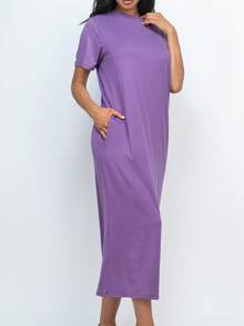 Women's Solid Color Casual Basic Side Pocket Tee Dress For Summer - Quả nho - Xem 3