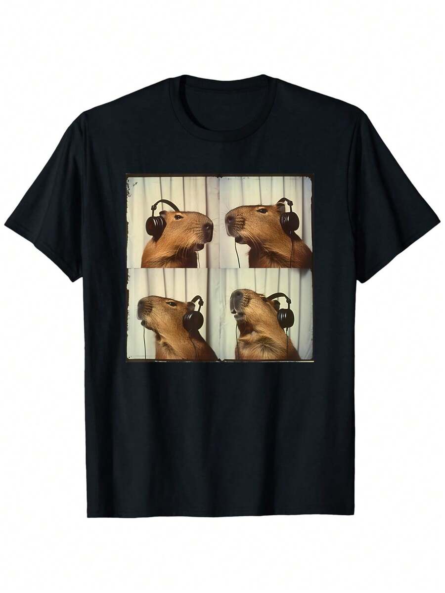 Camiseta Gráfica de Capibara con Auriculares para Hombres - Diseño de Apoyo Sensorial para Autismo y TDAH, Cuello Redondo, Algodón 100%, Lavable en Máquina, Camisa Casual de Verano, Tallas S-XXXL, Ropa Lavable, Camiseta de Capibara, Algodón 100% - Negro - Ver 1