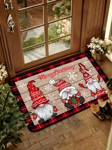 1 pezzo Zerbino decorativo natalizio da 16"X24" / 20"X31" / 16"X47", con motivo di gnomi natalizi, sfondo in legno, bordo classico a quadri rosso e nero, adatto per decorazioni natalizie e invernali, zerbino per l'ingresso di Natale