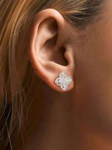 1 Pair S925 Sterling Silver Inlaid Synthetic Zirconia Exquisite Luxury Four-Leaf Clover Earrings, Elegant Quality Jewelry For Women's Engagement Day - Silver - View 2