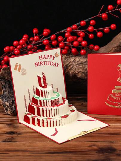 1张立体纸质蛋糕贺卡，充满节日氛围。这是一款手工制作的创意贺卡，用于传递祝福。可作为礼物赠送给朋友，也是节日礼品的理想之选。（不含灯光）