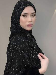 1件休闲纯色几何不对称图案水钻装饰缎面头巾，适合日常佩戴。 - 黑色 - 查看 8