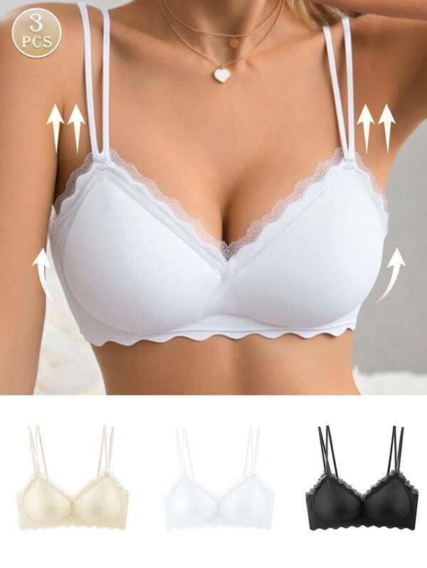 3 piezas Sujetadores de copa suave con parches de encaje, minimizador y soporte para mujeres
