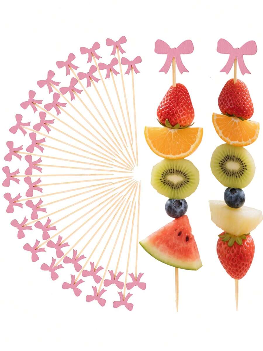 10/100支粉色蝴蝶结牙签，优雅粉色蝴蝶结鸡尾酒签 - 手工天然竹牙签，适合生日派对用品，可用于饮料、开胃菜、烘焙、婚礼甜点、派对、蛋糕和纸杯蛋糕装饰以及派对食品（水果、糖果）