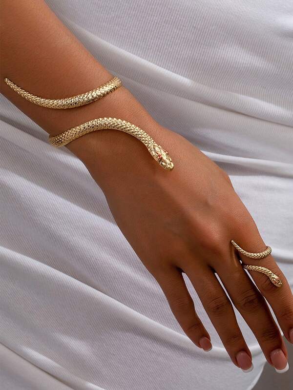 2pcs Gothic Snake Shaped Ring & Bracelet Set, Fashionable Accessories For Women Party, Gathering, Traveling, Gift