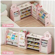 Foldable Kids Toy Storage Organizer With 10 Removable Bins And 3-Tier Bookshelf, 3 In 1 And 4 In 1 Multifunctional Large Toy Organizer With Drawing Board For Kids Bedroom Playroom Living Room - 4 在 1 Off-Light Pink - 查看 8