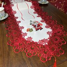 1 Pc Christmas Embroidered Table Runner With Red Embroidered Lace, Christmas Desings, Candles, Santa, Santa Gift, Size: 15.75"*69.69", Traditional Style, 100% Polyester Embroidery Table Runner, Wonderful Table Dercoration Indoor And Outdoor For Christmas Season.