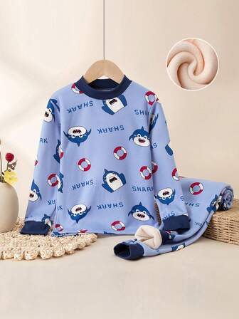 Tween Boy Thermal Underwear Set, Light Blue Ocean Shark & Letter Print, Thermal Lined, Warm, Autumn/Winter, Sleepwear For Teens