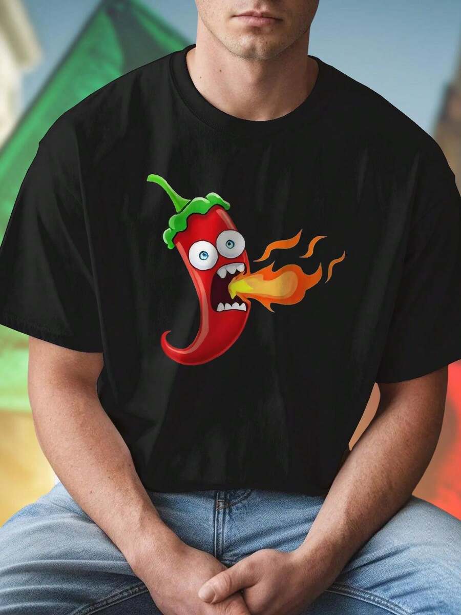 T shirt uomo cartoon hot chili pepper breathing fire divertente estiva traspirante comoda regalo moda casual sconto offerta esclusiva nuova collezione