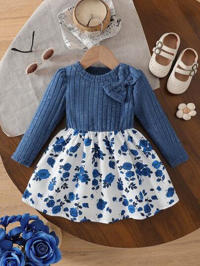 1 pieza Vestido con cuello redondo, manga abullonada, parches y estampado floral para niña bebé con lunares y decoración de moño, para otoño/invierno