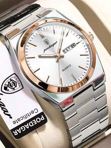 POEDAGAR 1 pezzo Orologio da uomo in acciaio inossidabile impermeabile e luminoso, con display della data e del giorno, casual, al quarzo, adatto per uso quotidiano, con confezione